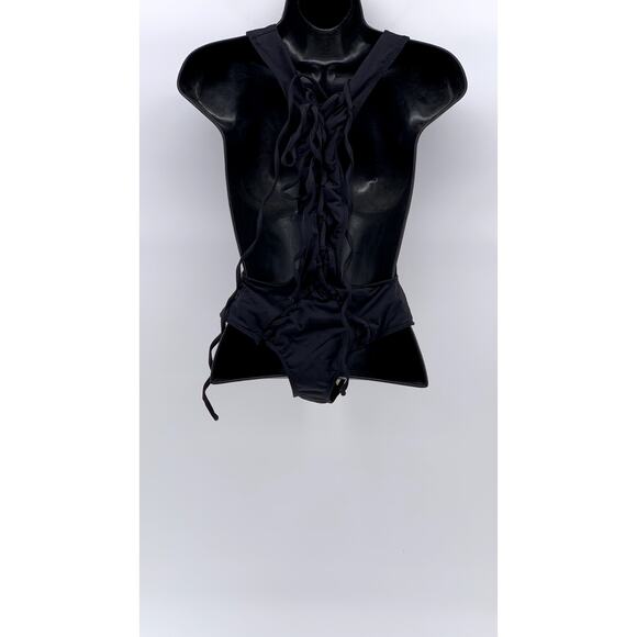 PD Women's Black-Beige Chevron Mesh V-Neck Back Lace-Up One-Piece Leotard SZ XS - Picture 2 of 10